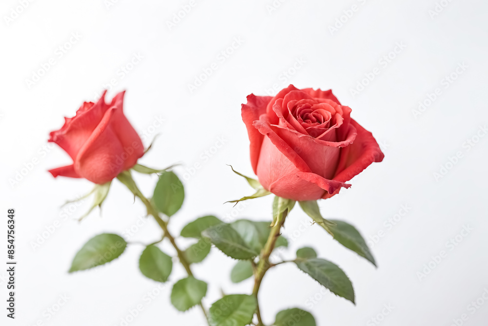 Fototapeta premium Single Red Rose with Green Leaves on White Background