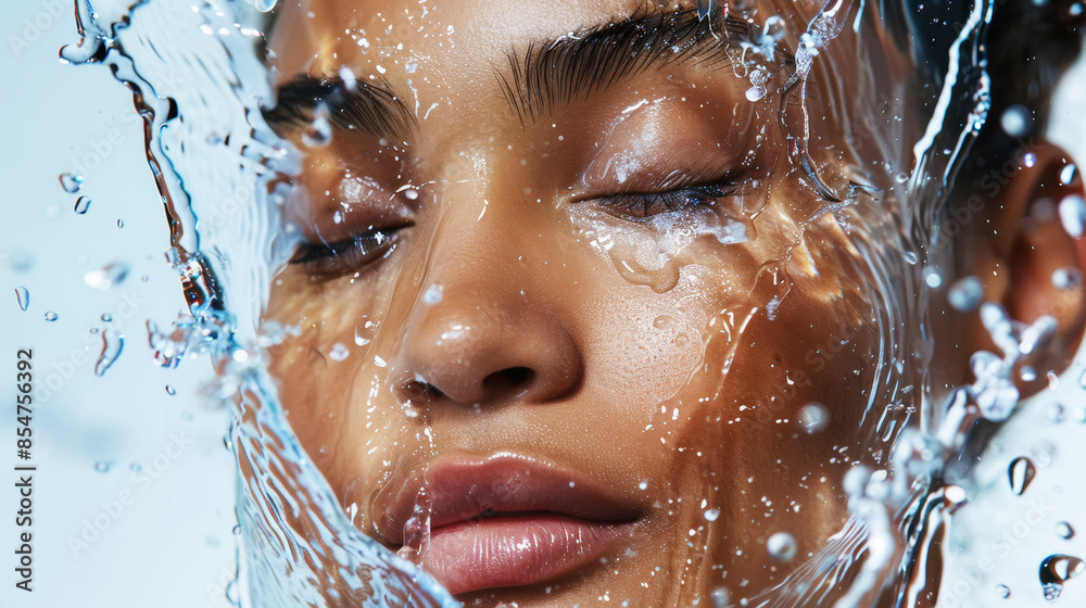 Aesthetic young woman face with closed eyes and splashing water, moisturizing concept, beauty advertising. Generative AI Aesthetic young woman face with closed eyes and splashing water, moisturizing concept, beauty advertising. Generative AI
