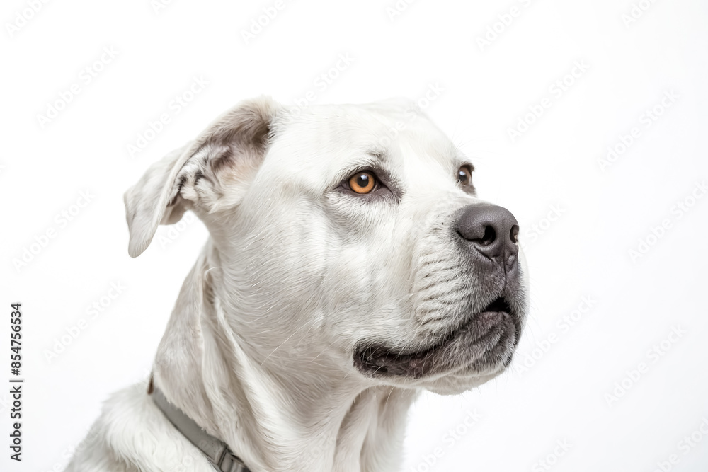 White dog with brown eyes looking to the right White dog with brown eyes looking to the right