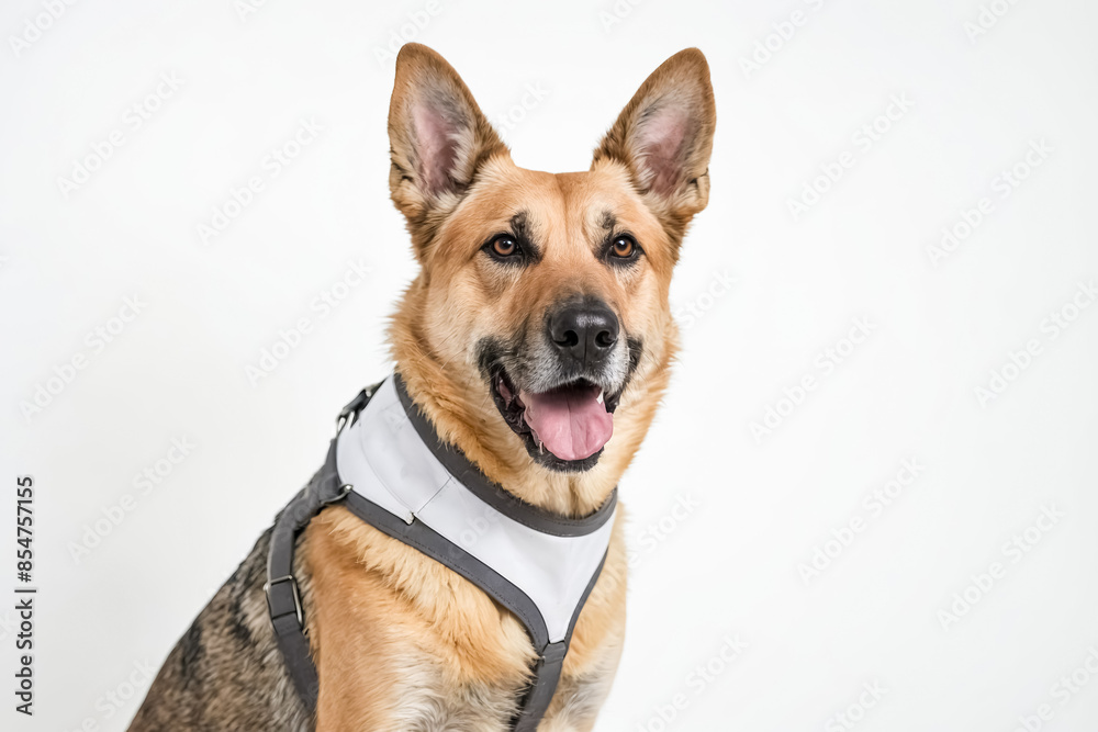 Friendly German Shepherd Dog with a White Harness Sitting in Front of a White Background Friendly German Shepherd Dog with a White Harness Sitting in Front of a White Background