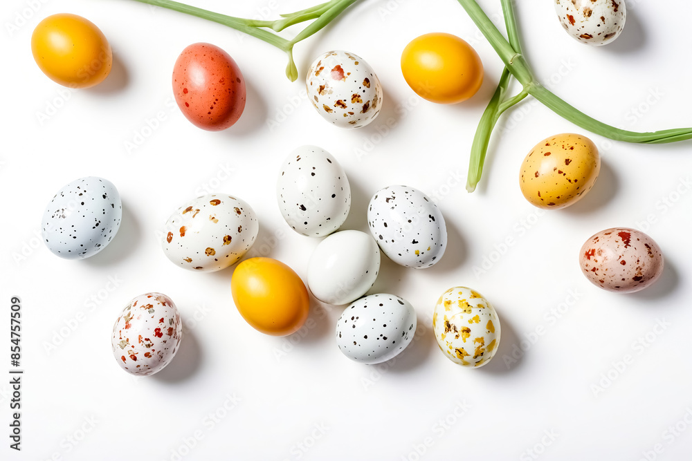 Colorful Easter Eggs with Green Stems on White Background Colorful Easter Eggs with Green Stems on White Background