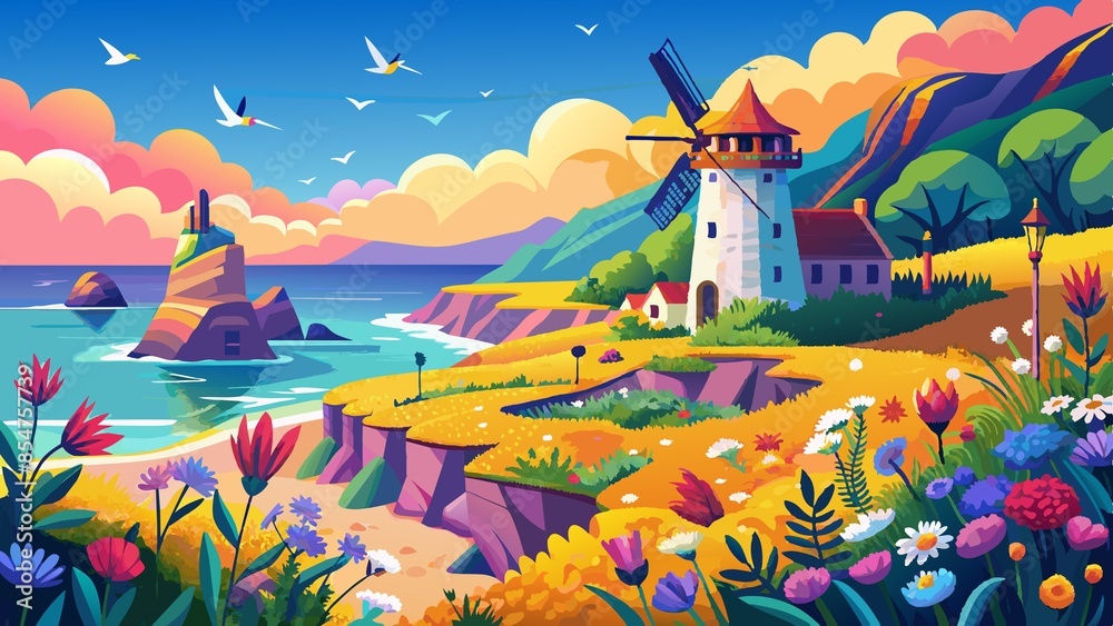 Naklejka premium Vibrant Coastal Windmill Sunset Illustration