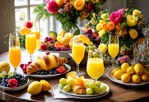 vibrant brunch spread fresh flowers, mimosas, croissants, fruits, colorful, delicious, appetizing, tasty, refreshing, elegant, stylish, beautiful, table, setting