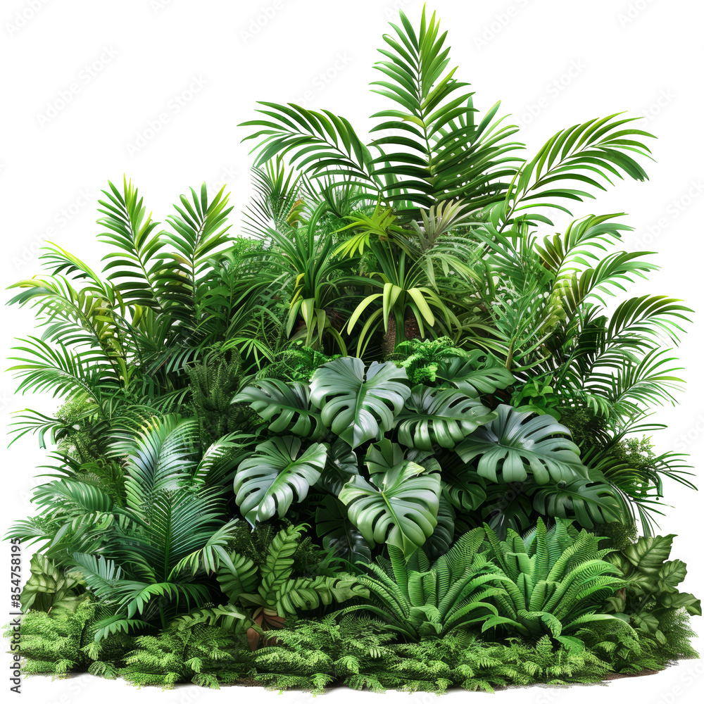 Bush with Ferns, Philodendron, Calathea, Peacock Plant and B453b539 Isolated on Transparent or White Background, PNG Bush with Ferns, Philodendron, Calathea, Peacock Plant and B453b539 Isolated on Transparent or White Background, PNG