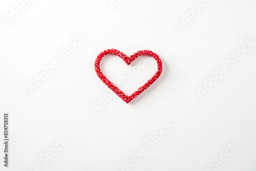 Red heart made of small red beads on white background