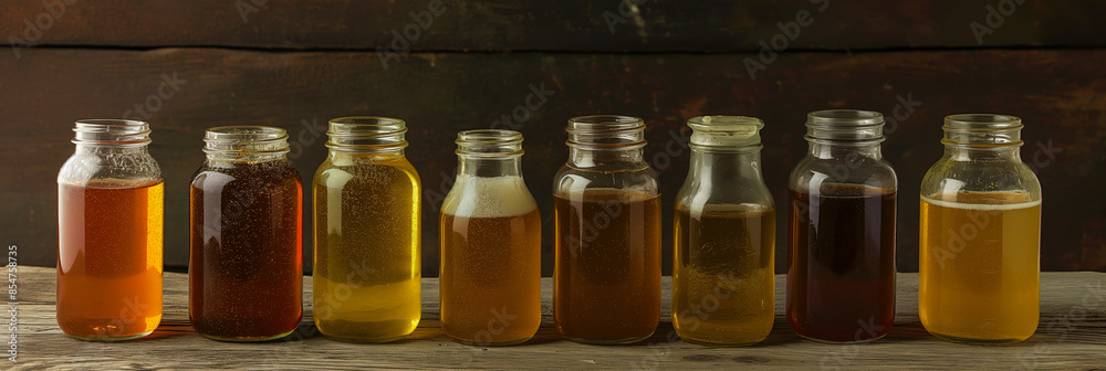An assortment of glass jars brimming with various hues of raw and filtered honey on a rustic wooden surface. An assortment of glass jars brimming with various hues of raw and filtered honey on a rustic wooden surface.