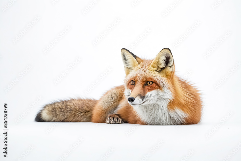 Fototapeta premium Red Fox Lying Down on White Background