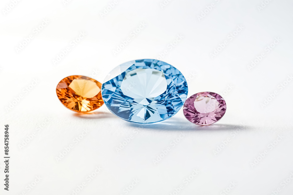 Three Colored Gemstones On White Background