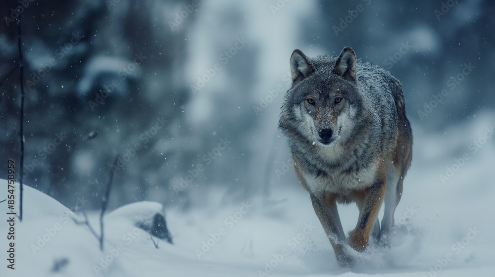 Naklejka premium gray wolf, predator walking in the forest during winter