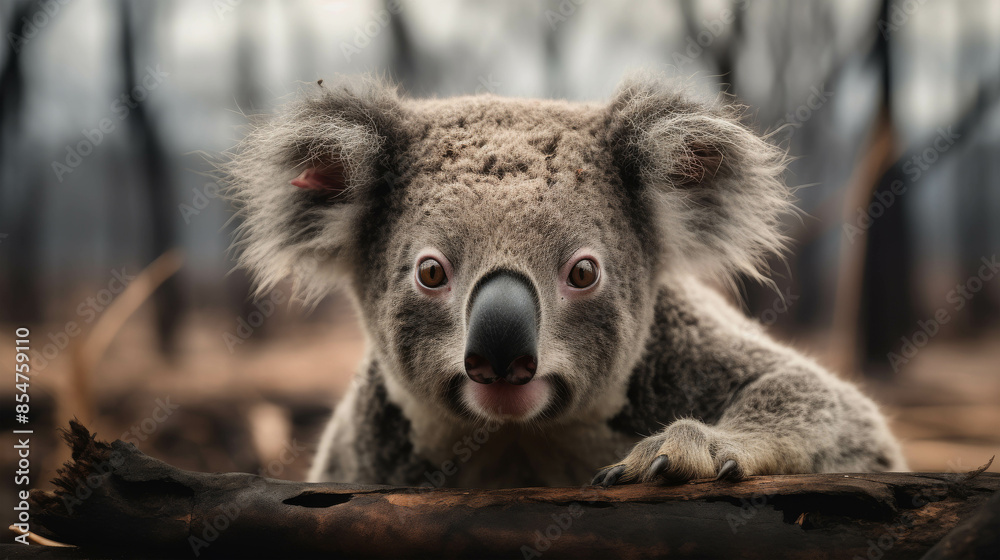 Fototapeta premium Close-up of a Cute Koala with Expressive Eyes and Fluffy Ears Holding a Tree Branch