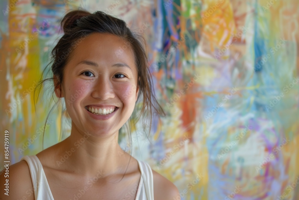 Portrait of a grinning asian woman in her 30s smiling at the camera in pastel or soft colors background Portrait of a grinning asian woman in her 30s smiling at the camera in pastel or soft colors background