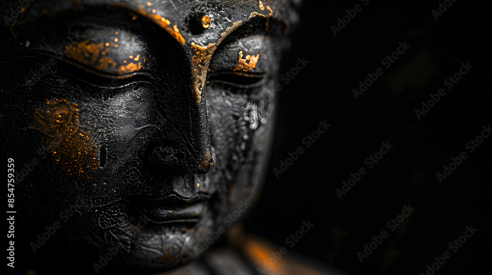 closed up of Siddhartha Gautama (Buddha) against a black background, with a mystical and enchanting atmosphere