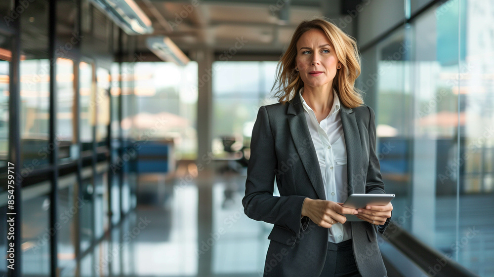 female administrative manager in a formal suit walking through an office with a digital tablet, female administrative manager in a formal suit walking through an office with a digital tablet,