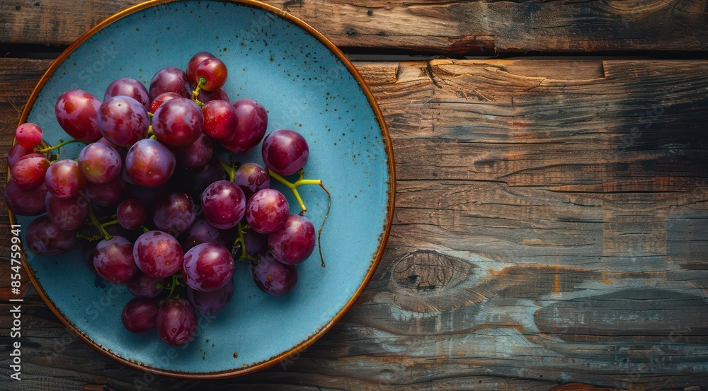 Plate with bunch of red grapes on a wooden table, top view. Plate with bunch of red grapes on a wooden table, top view.