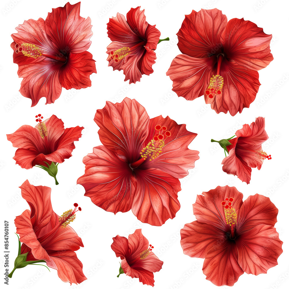 Set of Tropical Red Hibiscus Flowers Isolated on Transparent or White Background, PNG Set of Tropical Red Hibiscus Flowers Isolated on Transparent or White Background, PNG