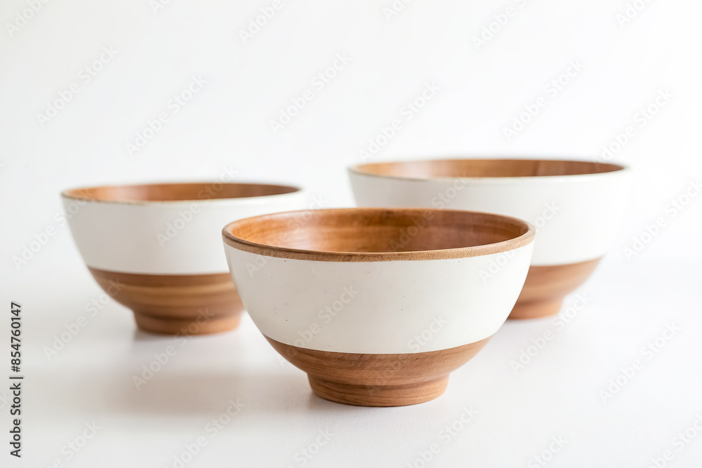 White and Brown Wooden Bowls on White Background White and Brown Wooden Bowls on White Background