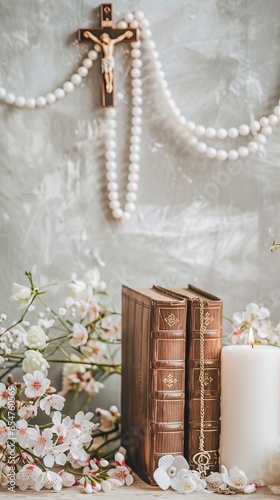 a ceremonial Bible, rosary beads, and white candles arranged on a table against a light grey background, with ample copy space for a first communion celebration or Christian religious event. photo