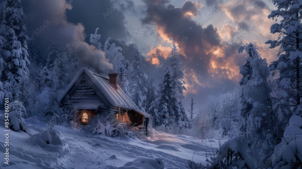 A cozy cabin nestled in a snowy mountain landscape with smoke curling from the chimney. A cozy cabin nestled in a snowy mountain landscape with smoke curling from the chimney.