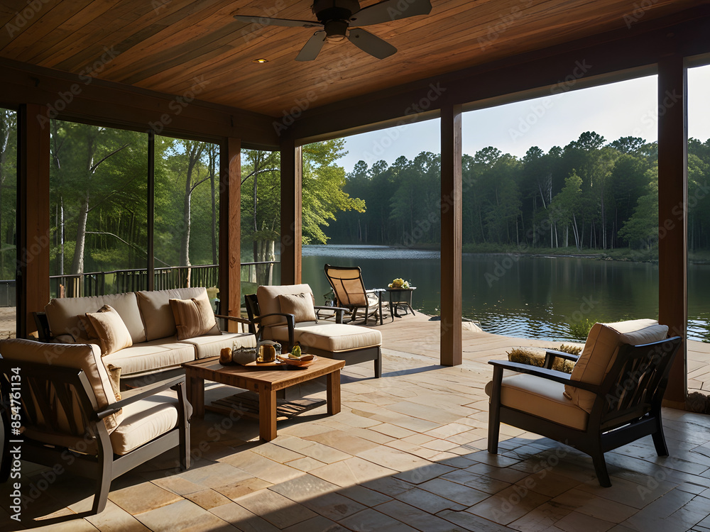 Fototapeta premium Tranquil Lakeside Patio Retreat