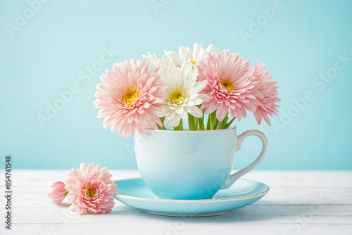 Wallpaper Mural Pink and White Gerbera Daisies in Blue Teacup Torontodigital.ca