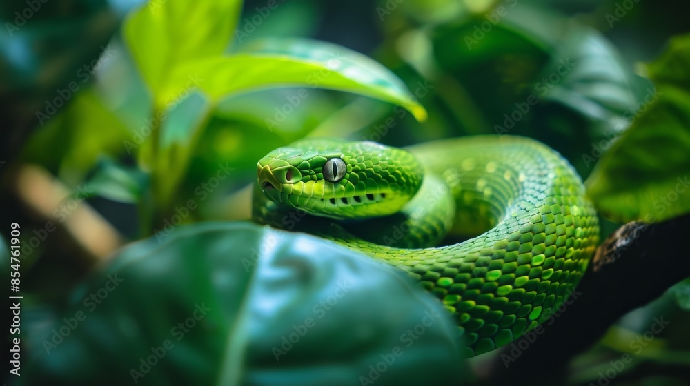 Fototapeta premium Close-up of a Green Snake in a Lush Jungle, Generative AI