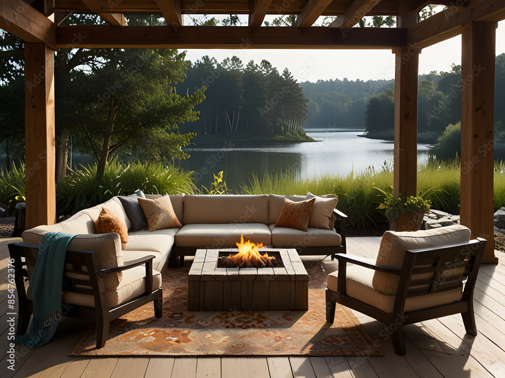 Fototapeta premium Tranquil Lakeside Patio Retreat