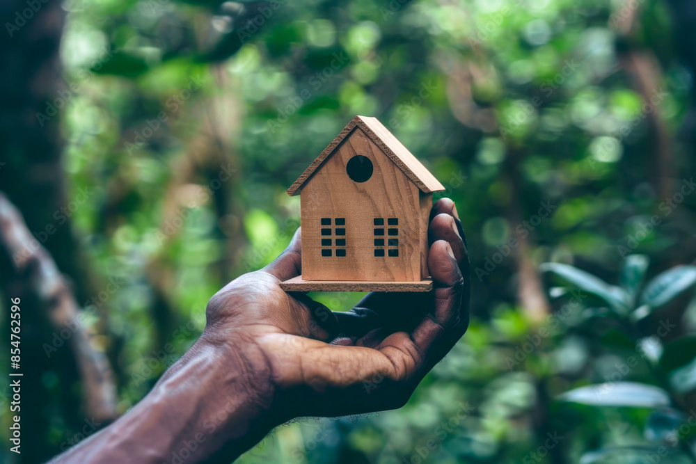 A hand holding a small wooden house A hand holding a small wooden house
