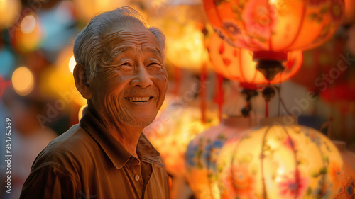 Happy asian man with beautiful lanterns photo