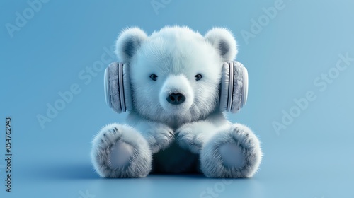 Cute and cuddly white teddy bear wearing headphones sits on a blue background. The bear has soft, fluffy fur and a friendly expression on its face. © Farm