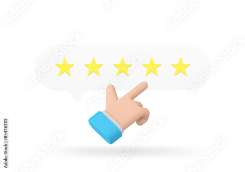 Business man hand cursor click five stars rating best customer choice 3d icon realistic vector