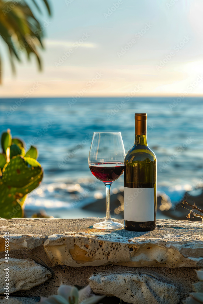 A bottle of wine and a wine glass are on a stone wall overlooking the ocean A bottle of wine and a wine glass are on a stone wall overlooking the ocean