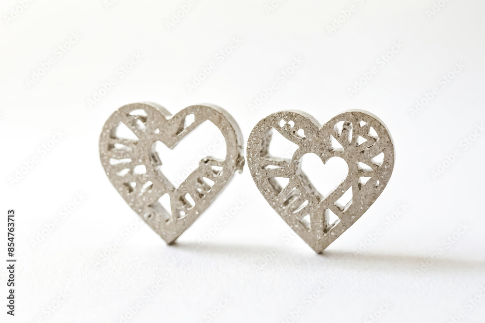 Two silver heart-shaped ornaments on white background Two silver heart-shaped ornaments on white background