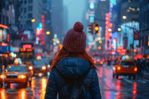 Dusk city scene with neon lights and bustling activity.