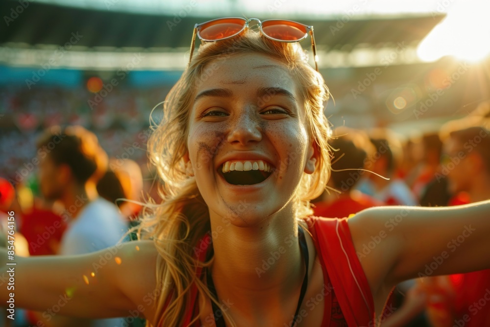 Young woman cheering with open arms at stadium Young woman cheering with open arms at stadium