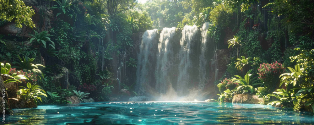 A cascading waterfall, its crystal-clear water plunging into a tranquil pool surrounded by lush greenery. A cascading waterfall, its crystal-clear water plunging into a tranquil pool surrounded by lush greenery.