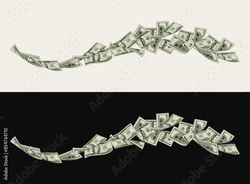Money dollar horizontal composition like wave with 100 dollar notes, banknotes, bills. Illustration, design element in vintage style.