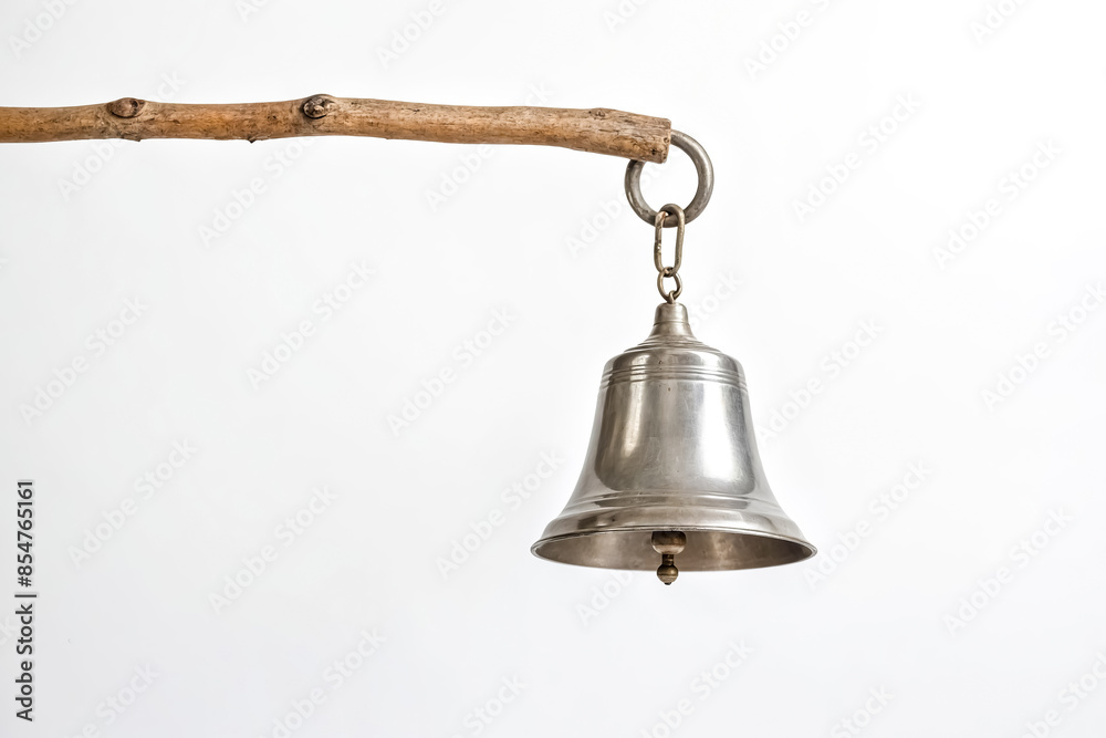 Silver bell hanging from a wooden branch Silver bell hanging from a wooden branch