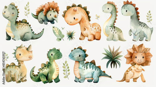 Fototapeta Naklejka Na Ścianę i Meble -  set of cute watercolor baby dinosaurs on a white background