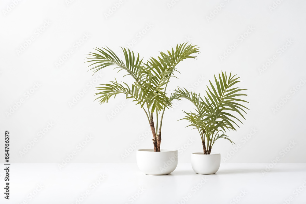 Two Palm Trees in White Pots on White Background Two Palm Trees in White Pots on White Background