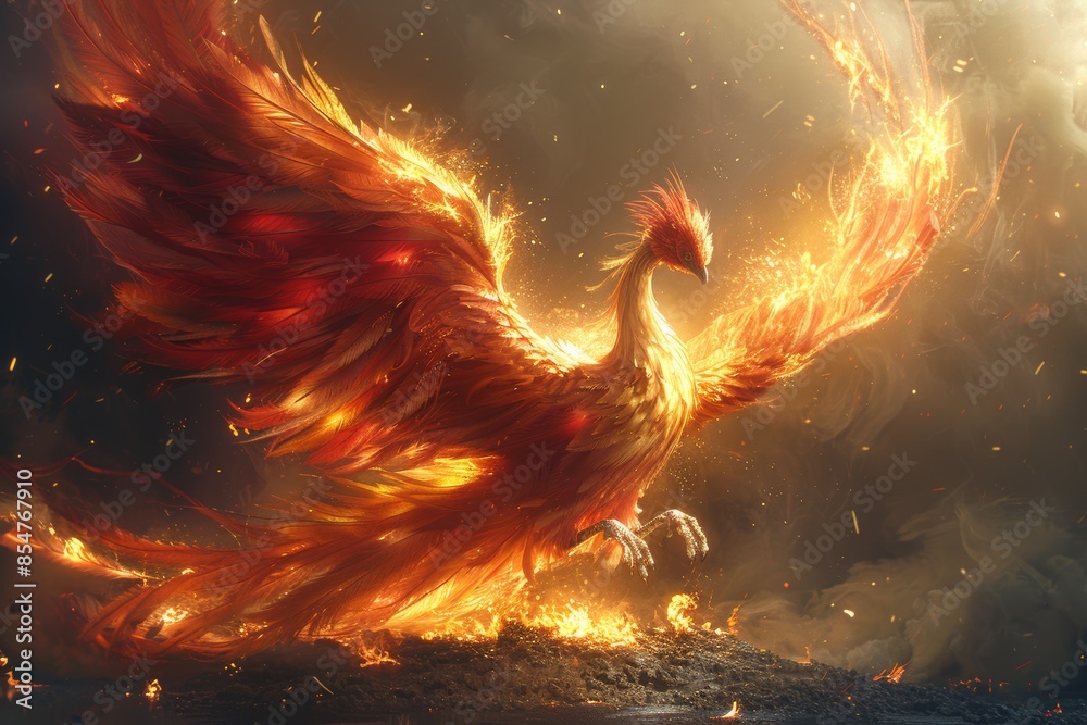 Obraz premium A majestic phoenix with vibrant, fiery wings rises from the ashes, symbolizing rebirth and immortality in a display of radiant beauty.