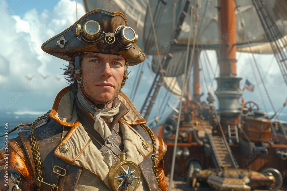 Obraz premium A dashing steampunk captain with a sophisticated uniform stands aboard a grand ship, ready to embark on an adventurous voyage.