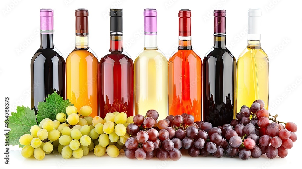 Obraz premium colorful bottles of natural grape juice alongside fresh grapes on a white background, isolated to emphasize their freshness and vibrant colors.