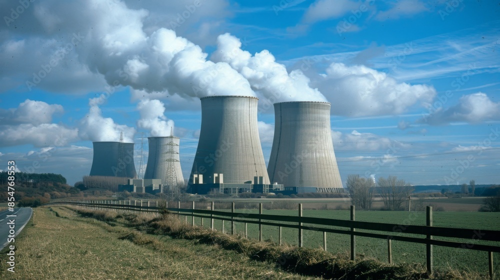 A nuclear power plant in a rural setting, with four cooling towers billowing steam. Lush greenery, a wooden fence, and a road nearby. A nuclear power plant in a rural setting, with four cooling towers billowing steam. Lush greenery, a wooden fence, and a road nearby.