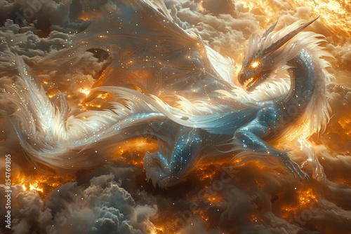 A celestial dragon with shimmering scales soars through glowing clouds, radiating divine energy and cosmic power.

 photo