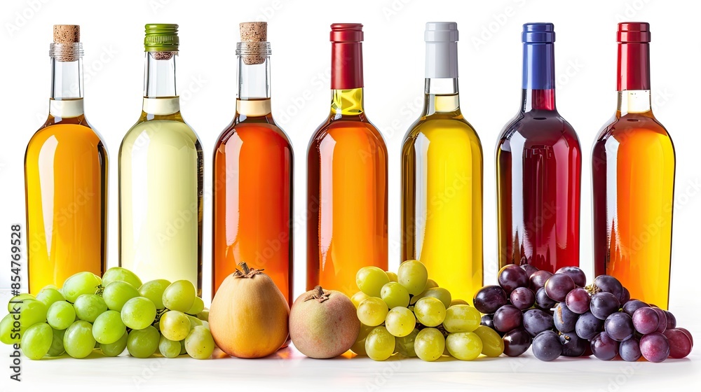 Obraz premium colorful bottles of natural grape juice alongside fresh grapes on a white background, isolated to emphasize their freshness and vibrant colors.