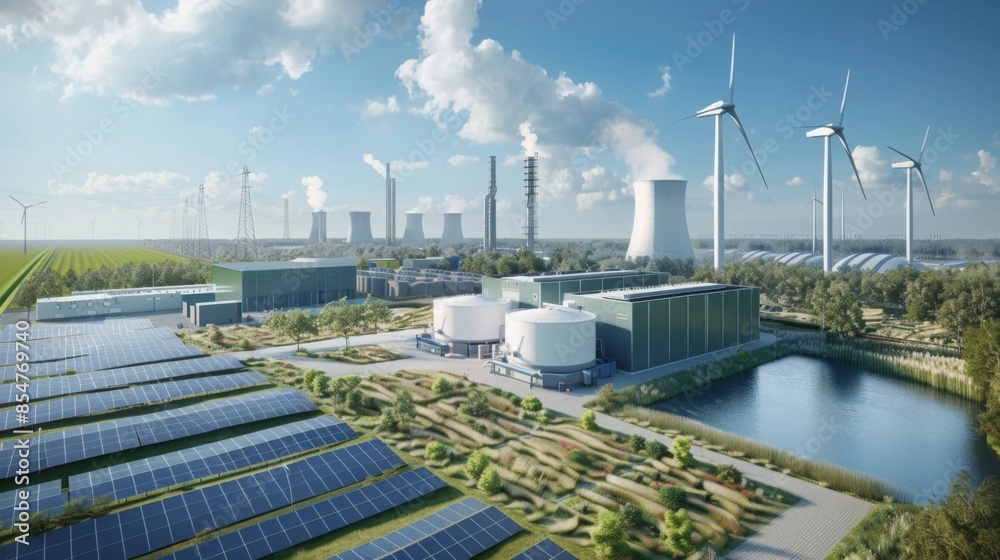 Aerial view of a modern power plant incorporating renewable energy sources, including wind turbines, solar panels, and a large water reservoir.