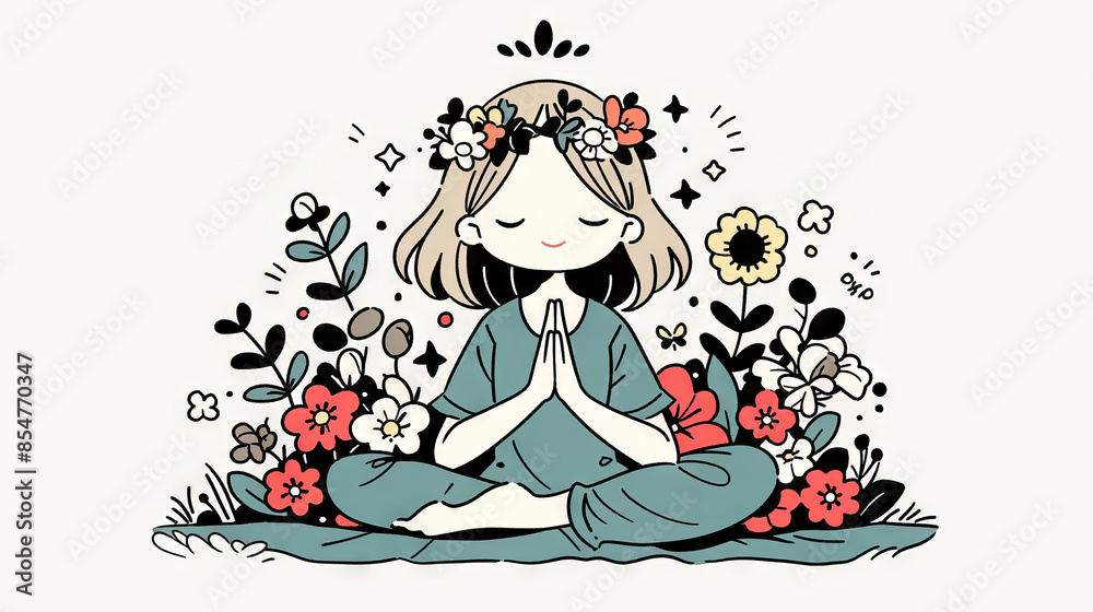 young woman practicing lotus asana yoga Padmasana pose with flowers headpieces for international yoga day background young woman practicing lotus asana yoga Padmasana pose with flowers headpieces for international yoga day background