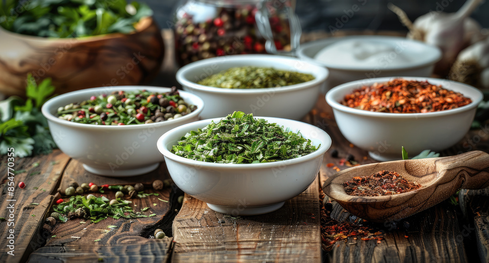 Chopped veg in white bowls, dried and fresh with wooden measuring spoons on the background, old kitchen table, vintage wooden mortar for grinding tea leave, spices and other seasoning. Generative AI. Chopped veg in white bowls, dried and fresh with wooden measuring spoons on the background, old kitchen table, vintage wooden mortar for grinding tea leave, spices and other seasoning. Generative AI.