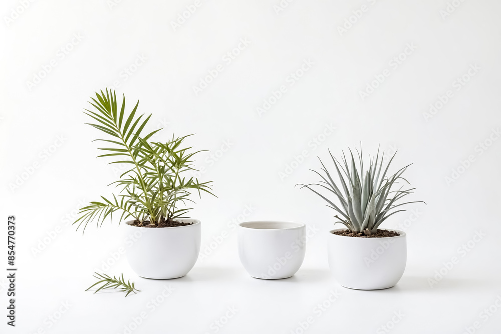 Obraz premium Three potted plants on a white background