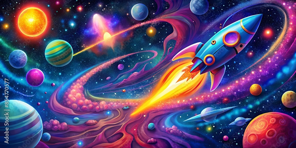 Colorful Whimsical Outer Space Rocket Illustration Colorful Whimsical Outer Space Rocket Illustration